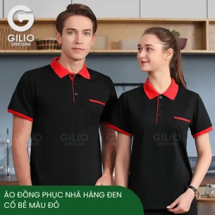 Áo đồng phục nhà hàng đen cổ bẻ màu đỏ
