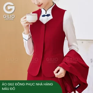 Áo Gile đồng phục nhà hàng màu đỏ