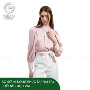 áo sơ mi đồng phục nữ dài tay phối nút bọc vải