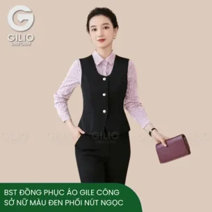 BST đồng phục áo gile công sở nữ màu đen phối nút ngọc