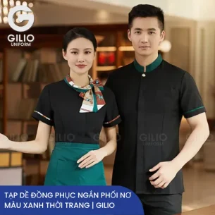 Tạp dề đồng phục ngắn phối nơ màu xanh