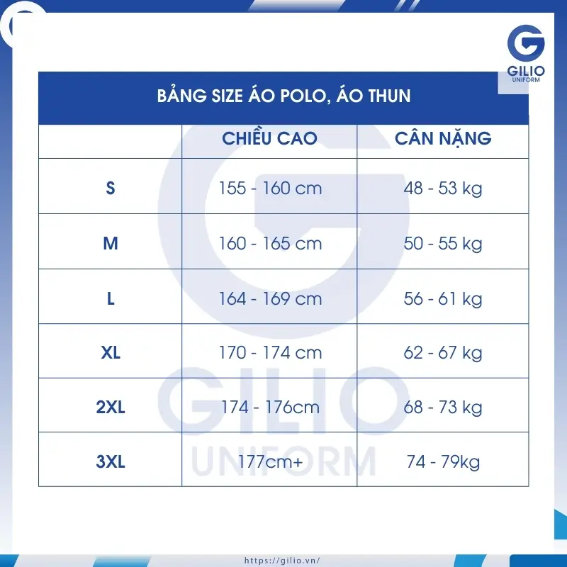 Bảng size áo tại Gilio