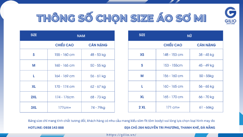 bảng kích thước size áo sơ mi