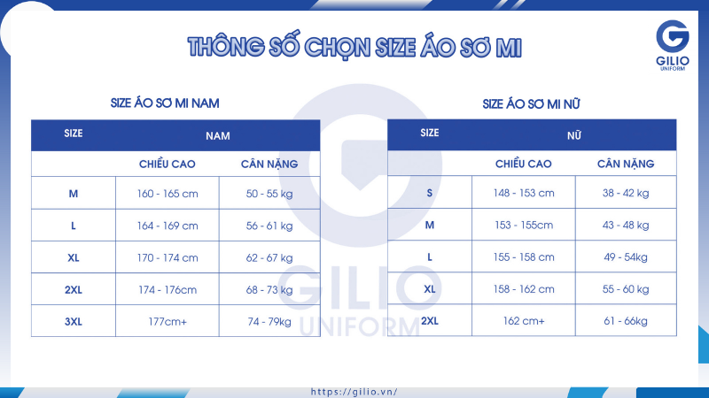 bảng size áo sơ mi đồng phục