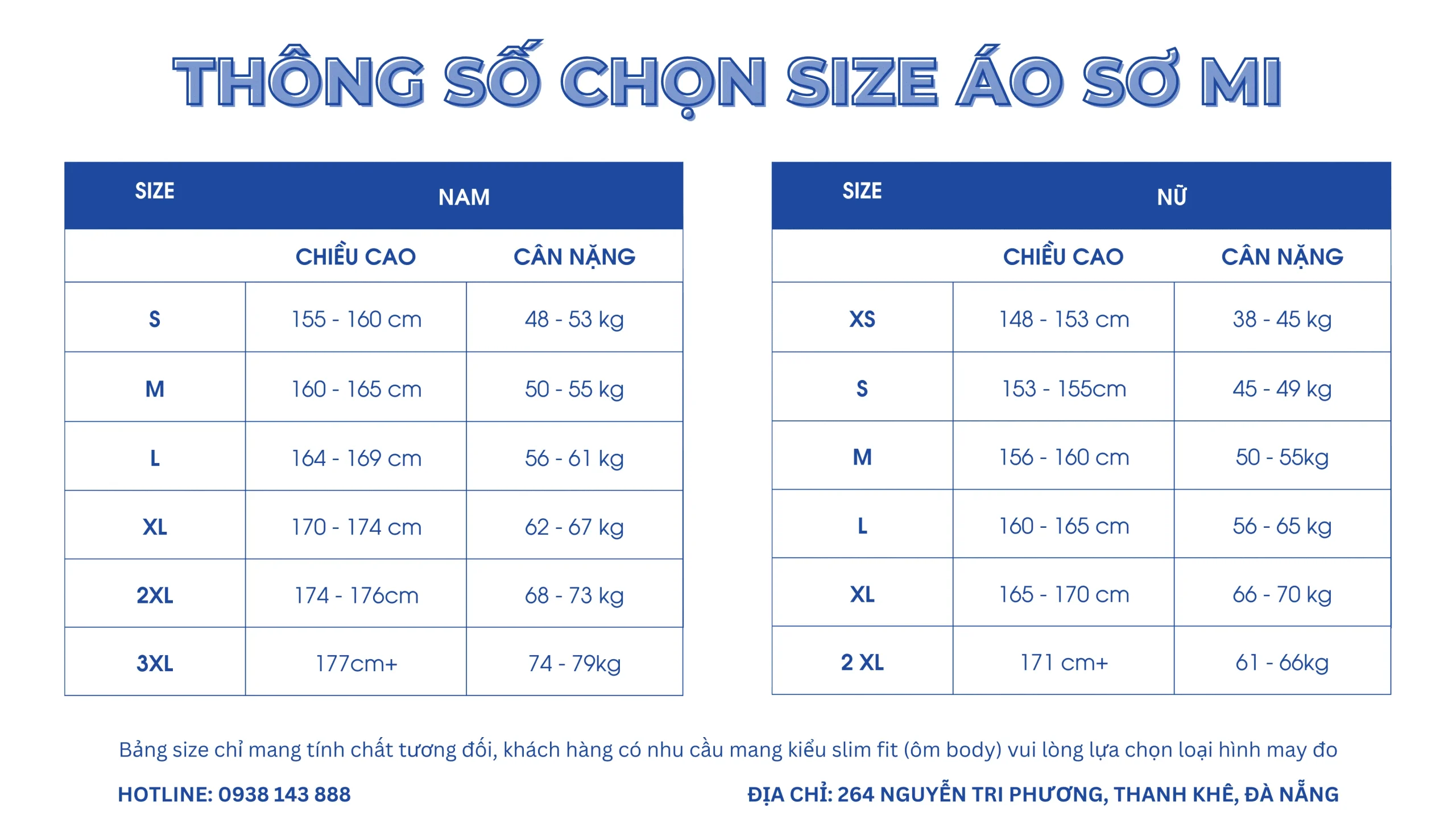 bảng size áo sơ mi