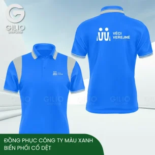 Đồng phục công ty màu xanh biển phối cổ dệt