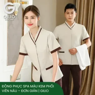 Đồng Phục Spa Màu Kem Phối Viền Nâu