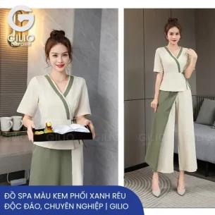 Đồng phục spa màu kem phối xanh rêu