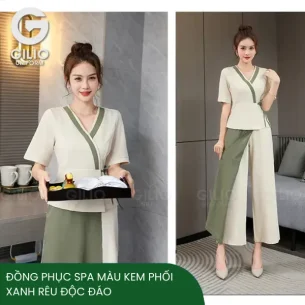 Đồng Phục Spa Màu Kem Phối Xanh Rêu Độc Đáo