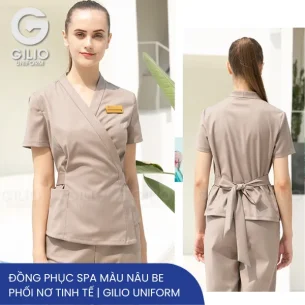 Đồng phục spa màu nâu be phối nơ