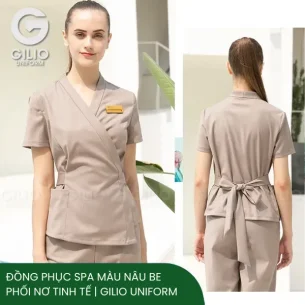 Đồng Phục Spa Màu Nâu Be Phối Nơ Tinh Tế