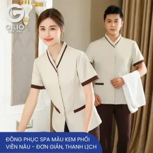 Đồng phục spa màu kem phối viền nâu