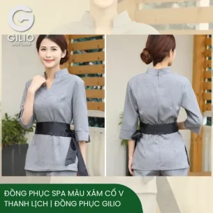 Đồng Phục Spa Màu Xám Cổ V Thanh Lịch | Đồng Phục Gilio