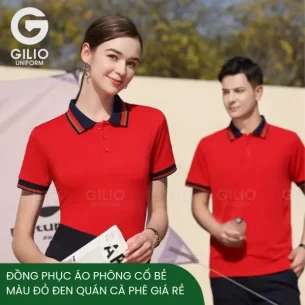 Bộ đồng phục áo phông cổ bẻ màu đỏ đen hot hit cho nhân viên phục vụ quán cà phê giá rẻ