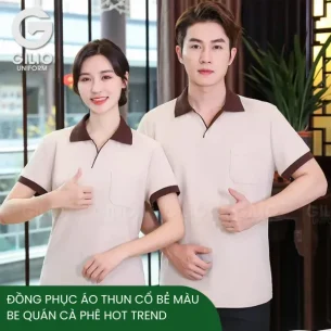 Đồng phục áo thun cổ bẻ màu be quán cà phê hot trend 2024