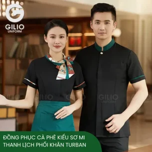Đồng phục cà phê kiểu sơ mi thanh lịch phối khăn turban sang trọng