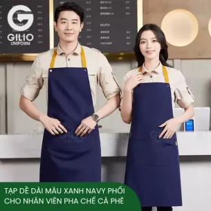 Tạp dề dài màu xanh navy phối kiểu các loại dành cho nhân viên pha chế quán cà phê tại Đà Nẵng