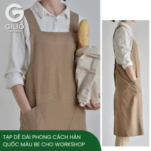 Tạp Dề Dài Phong Cách Hàn Quốc Màu be Cho Workshop