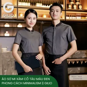 Áo Sơ Mi Xám Cổ Tàu Màu Đen Phong Cách Minimalism || Gilio
