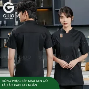 Đồng Phục Bếp Màu Đen Cổ Tàu Áo Kaki Tay Ngắn Phong Cách