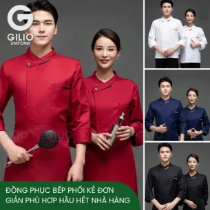 đồng phục bếp phối kẻ đơn giản phù hơp hầu hết nhà hàng