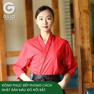 Đồng Phục Bếp Phong Cách Nhật Bản Màu Đỏ Nổi Bật