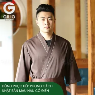 Đồng Phục Bếp Phong Cách Nhật Bản Màu Nâu Cổ Điển