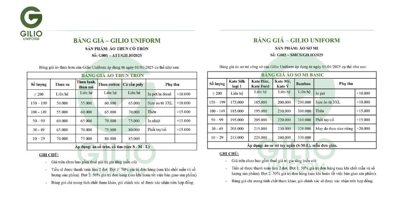 Bảng giá may đông phục Gilio